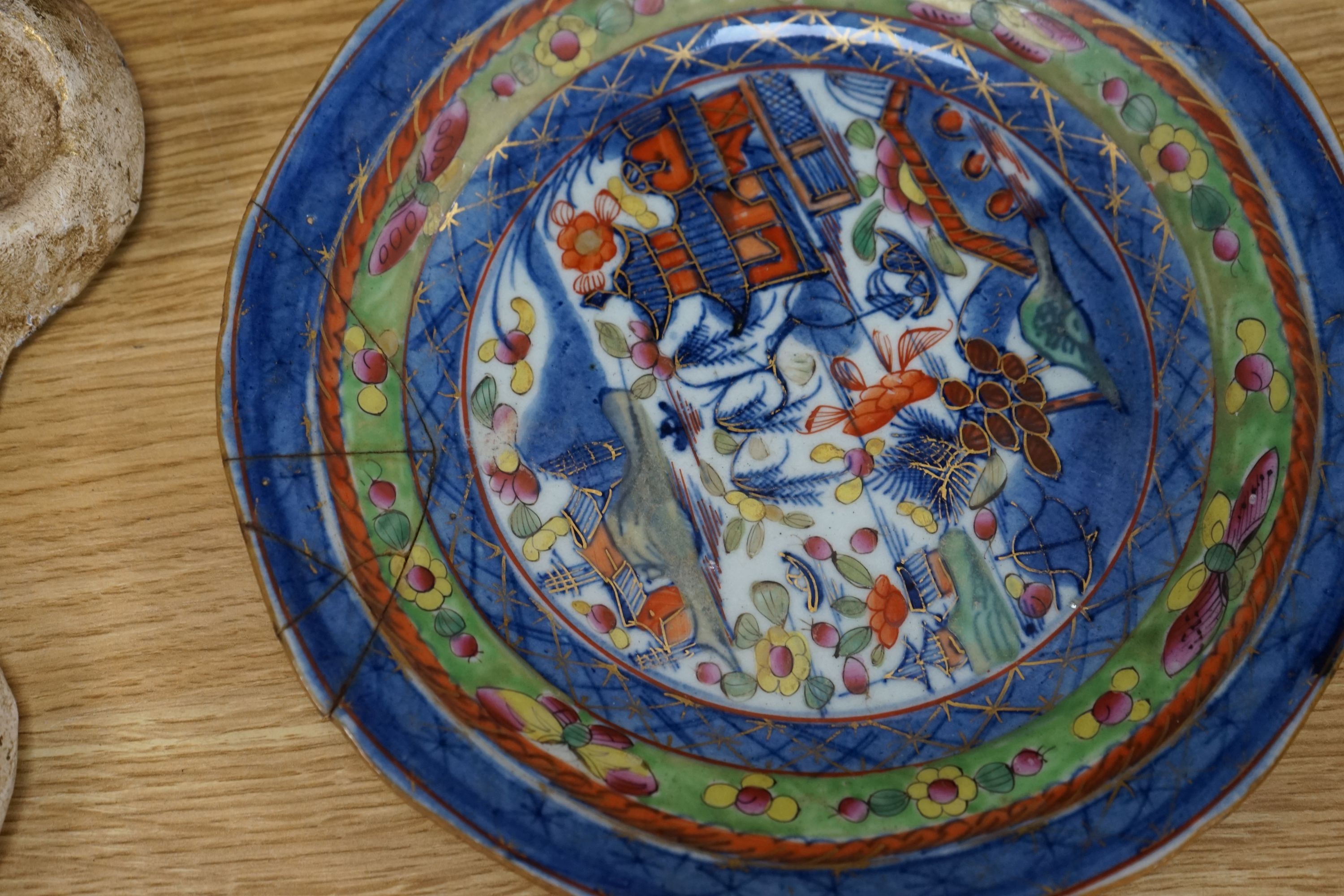 A Japanese blue and white dish, a Chinese blue and white meiping and a clobbered plate 33cm